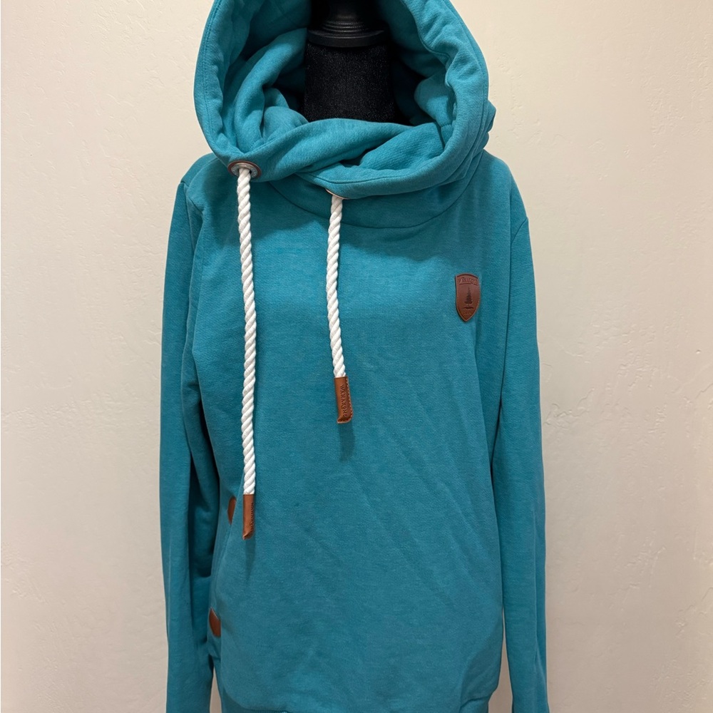 Wanakome Teal Funnel Neck Hoodie with Rope Drawcords